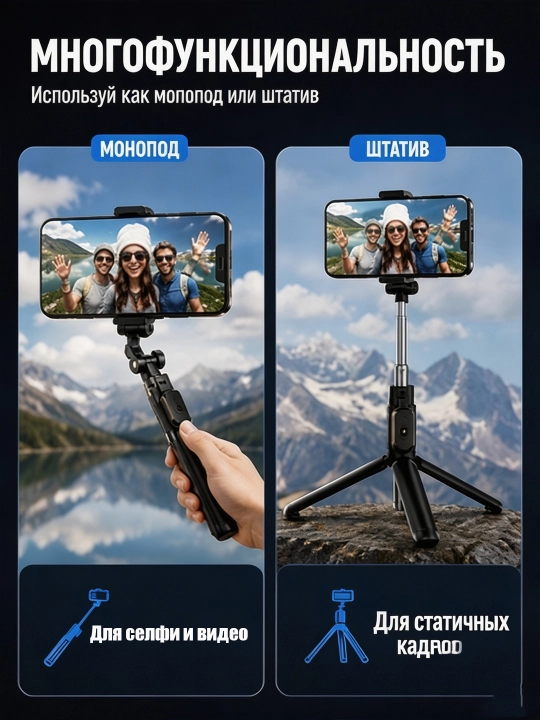 Селфи-палка JC-18H с двумя LED-зеркальными лампами, высота до 170 см
