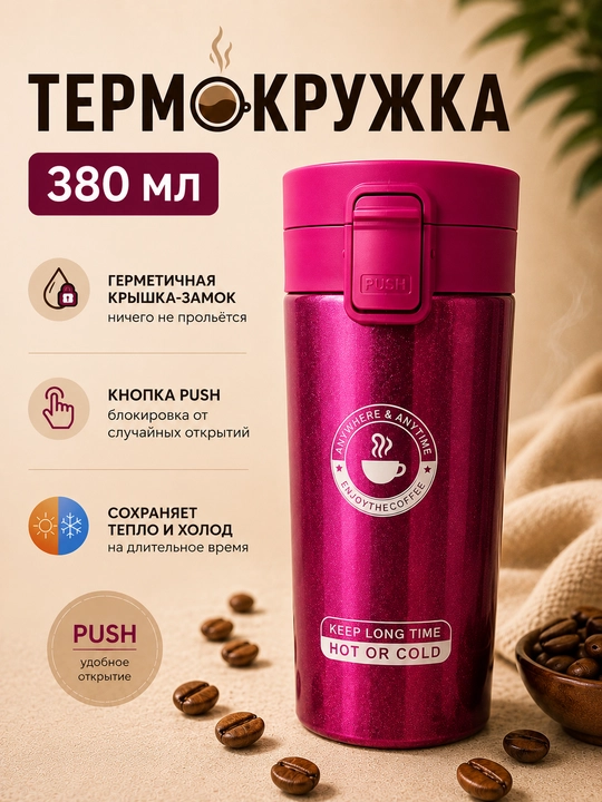 Termokrujka 380 ml, termostakan, qahva va choy uchun termos, avtomobil uchun termos