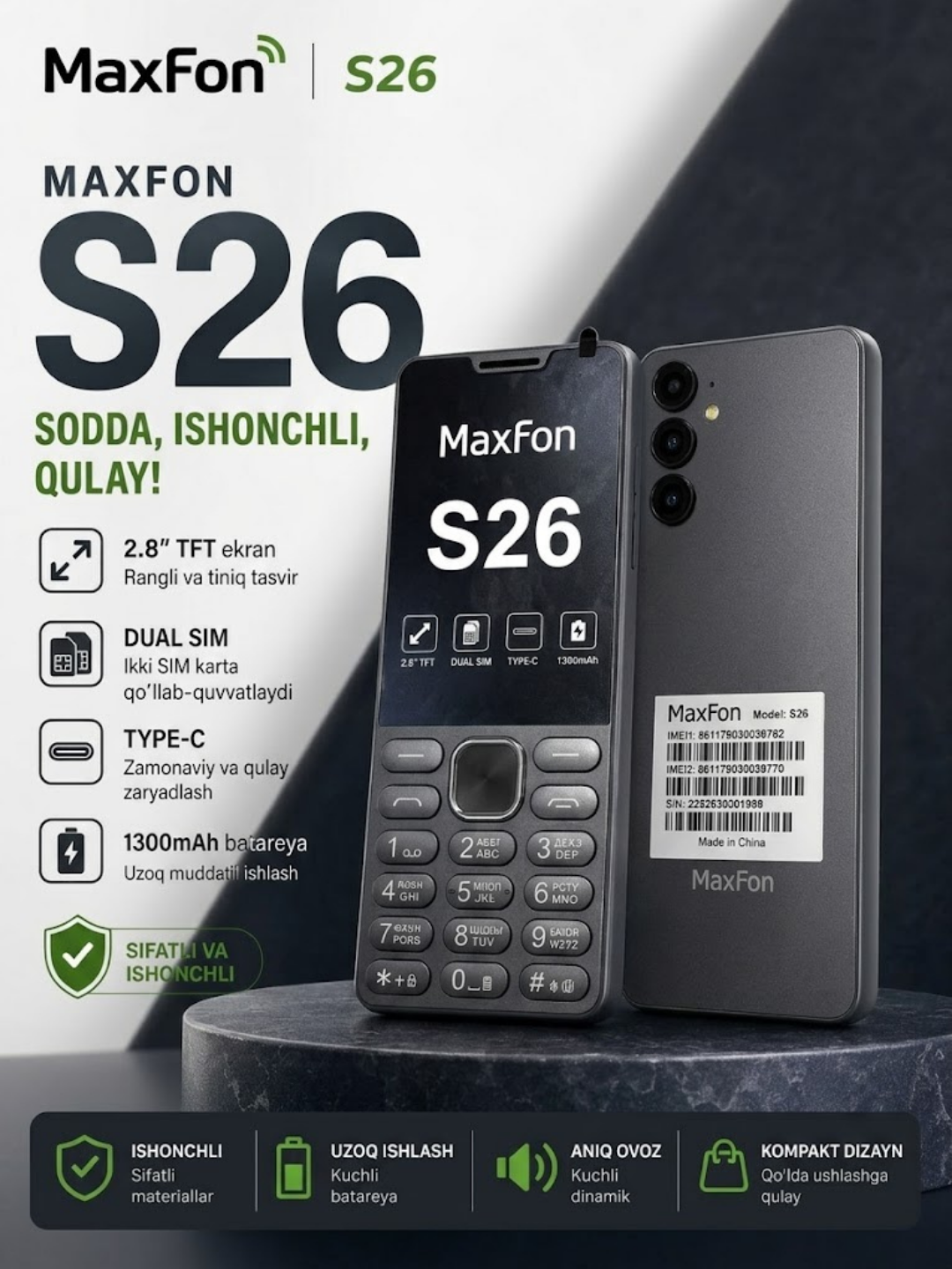 MaxFon S26 tugmali telefon — 2.8" katta TFT ekran, Dual SIM, Type-C port, 1300 mAh batarey - 