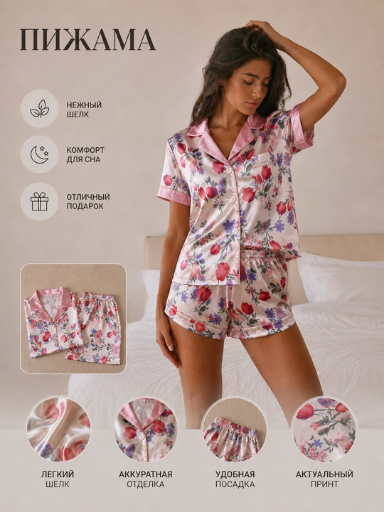 Пижама женская, комплект из 2 предметов, рубашка и шорты