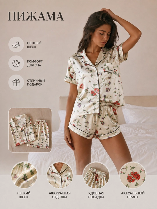Пижама женская, комплект из 2 предметов, рубашка и шорты