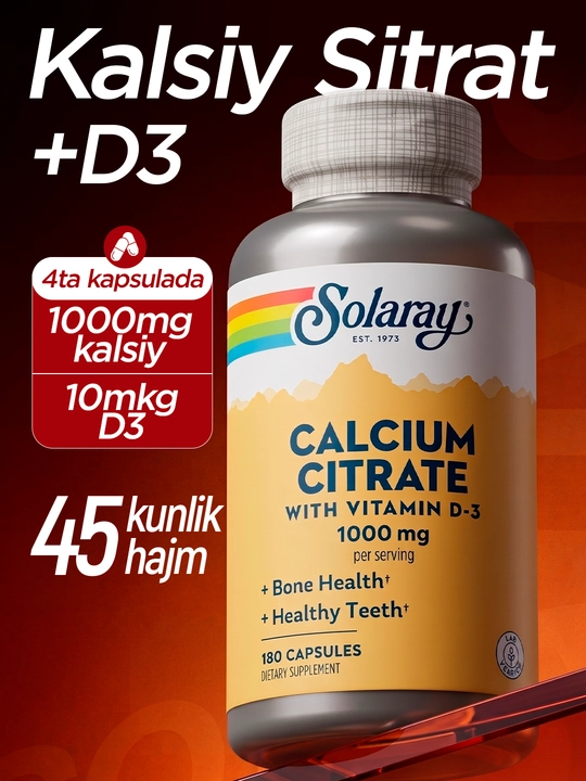 Цитрат кальция с витамином D3, Solaray, Calcium Citrate Vitamin D3, 180 капсул, США - 