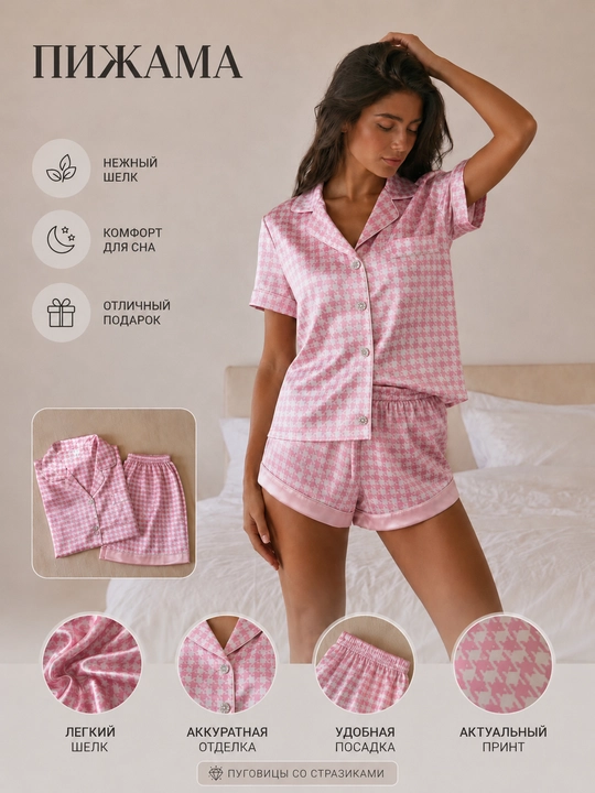 Пижама женская, комплект из 2 предметов, рубашка и шорты