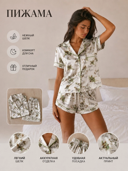 Пижама женская, комплект из 2 предметов, рубашка и шорты