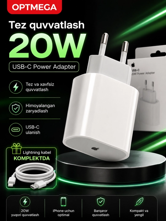 Apple - xavfsiz, tez, zaryadlashni ta'minlovchi iPhone adapteri