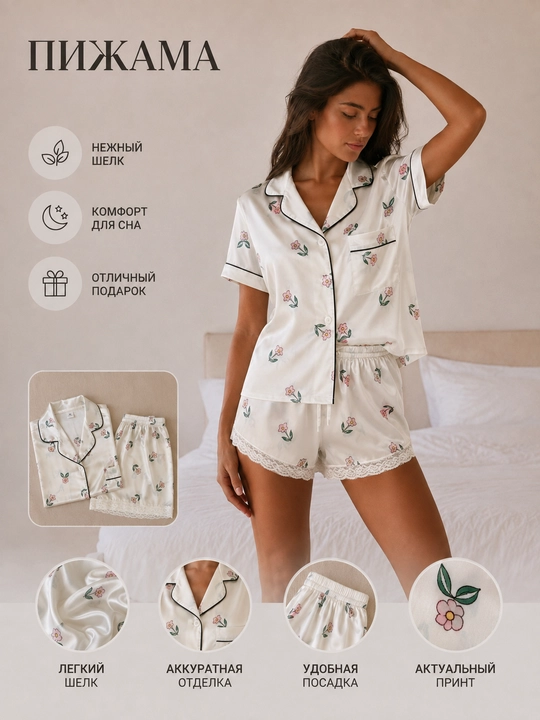 Пижама женская, комплект из 2 предметов, рубашка и шорты