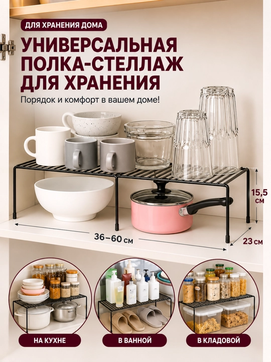 Полка раздвижная 32–58 см в шкаф, органайзер полка для кухни, ванной, посуды и вещей - 