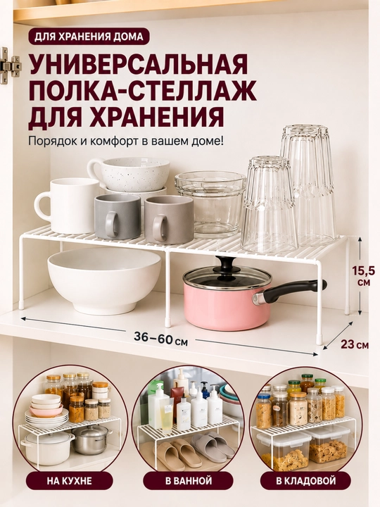 Полка раздвижная 32–58 см в шкаф, органайзер полка для кухни, ванной, посуды и вещей - 