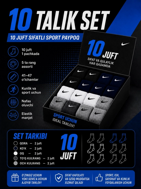 Erkaklar sport paypoqlari, 10 juft, 41–47 o‘lcham, 5 rang assorti