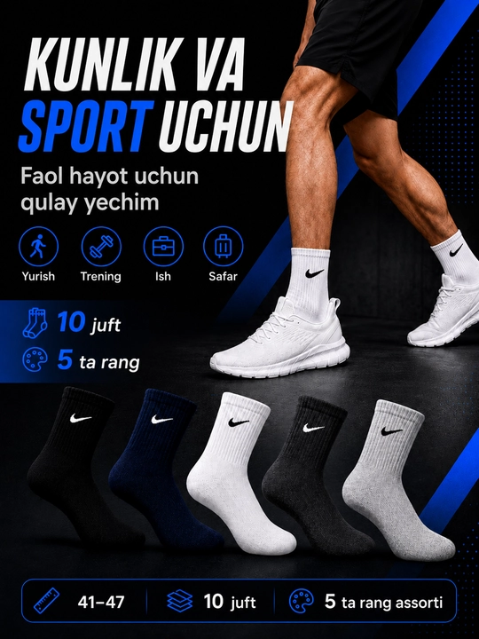 Erkaklar sport paypoqlari, 10 juft, 41–47 o‘lcham, 5 rang assorti