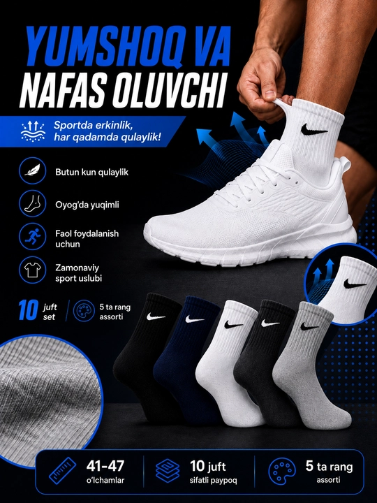 Erkaklar sport paypoqlari, 10 juft, 41–47 o‘lcham, 5 rang assorti