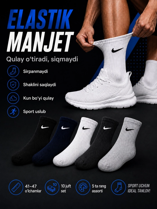 Erkaklar sport paypoqlari, 10 juft, 41–47 o‘lcham, 5 rang assorti