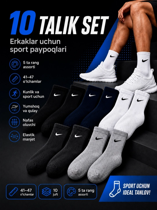 Erkaklar sport paypoqlari, 10 juft, 41–47 o‘lcham, 5 rang assorti - 