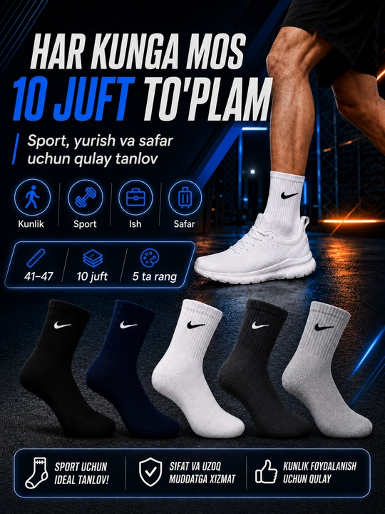 Erkaklar sport paypoqlari, 10 juft, 41–47 o‘lcham, 5 rang assorti