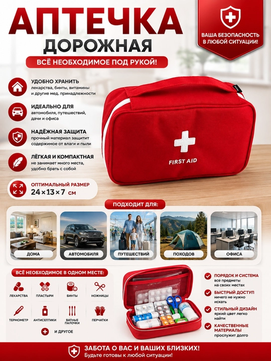 Аптечка дорожная сумка-органайзер для лекарств, компактная аптечка в машину и путешествия