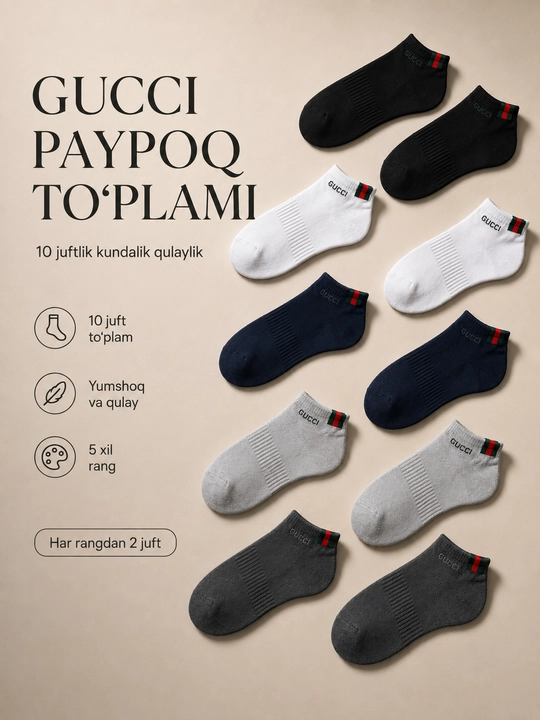 Erkaklar paypoq to‘plami 10 juft, past bo‘yli, 5 xil rang