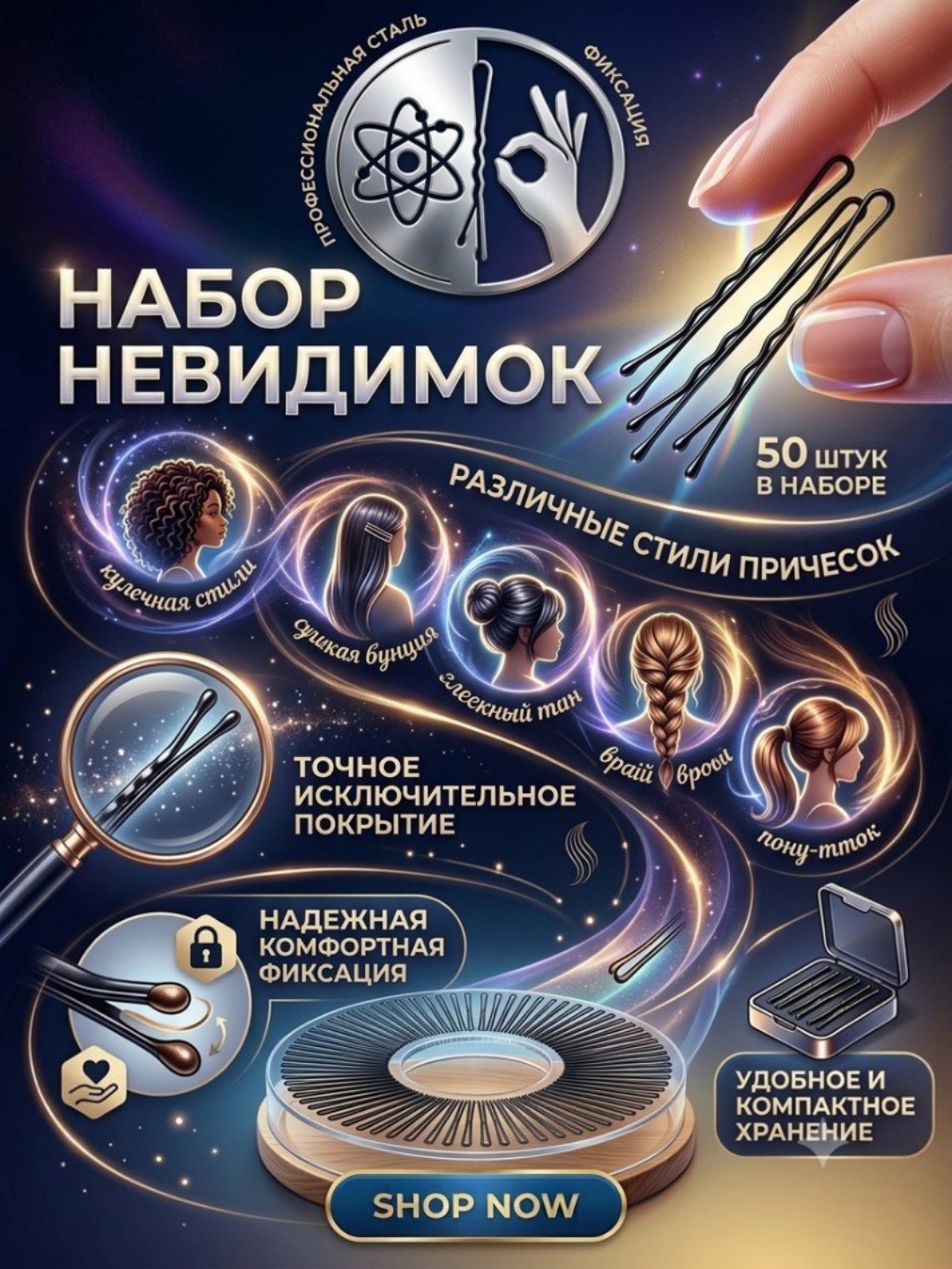 Невидимки для волос, 50 шт. — металлические заколки-шпильки для причёсок - 