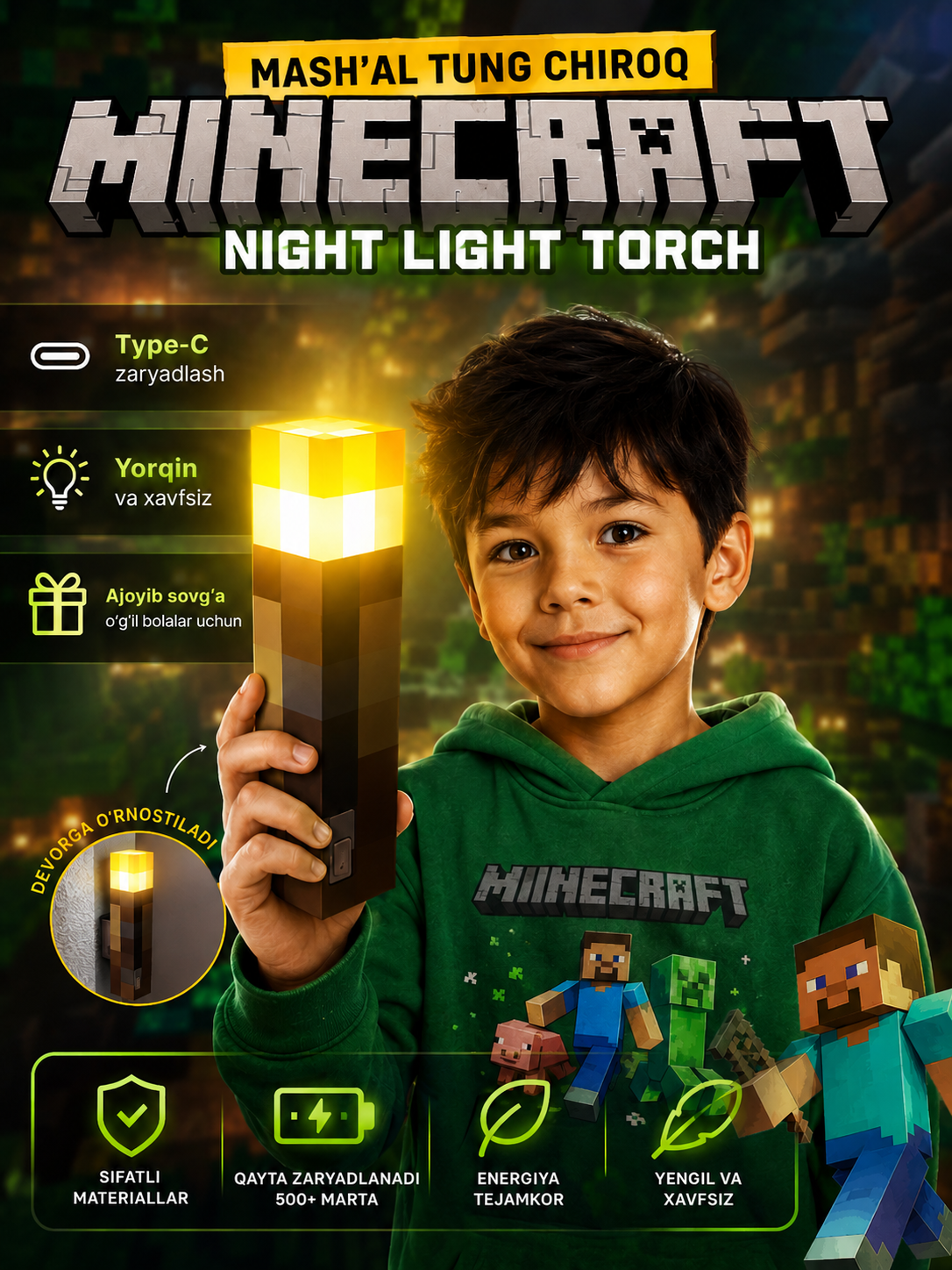 Ночник-факел Minecraft, Марио — декоративный светильник, майнкрафт - 