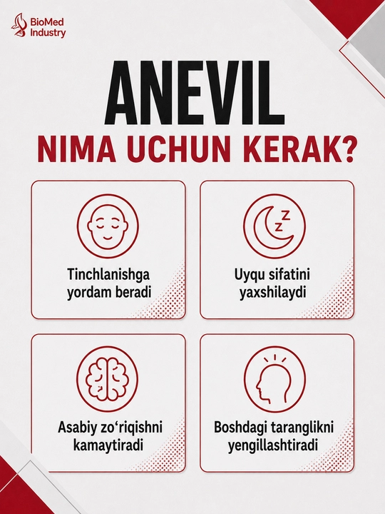 Anevil — Tabiiy tinchlantiruvchi vosita. Stress va uyqusizlik uchun, 30 tabletka