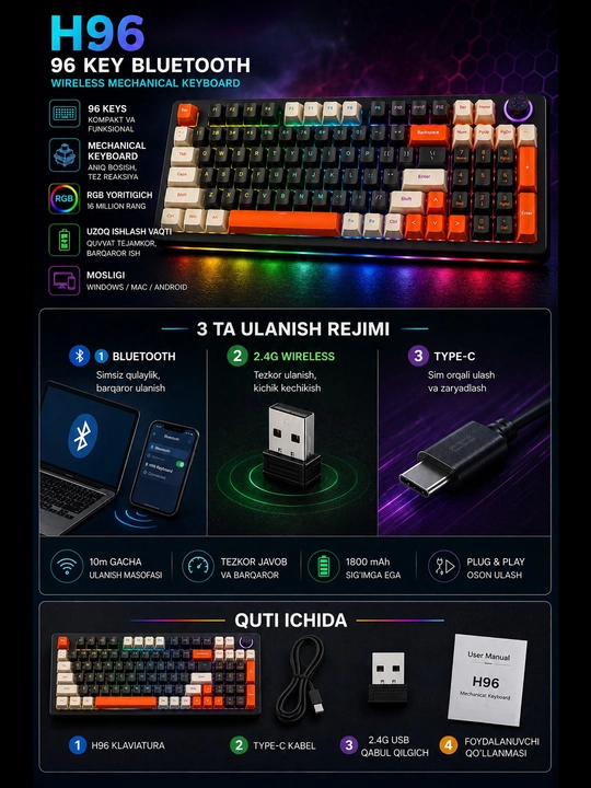 H96 mexanik klaviatura, 96 tugma, RGB yoritish, Bluetooth/2.4G/Type-C
