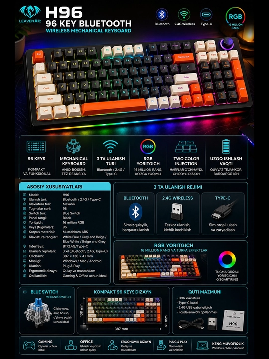H96 mexanik klaviatura, 96 tugma, RGB yoritish, Bluetooth/2.4G/Type-C