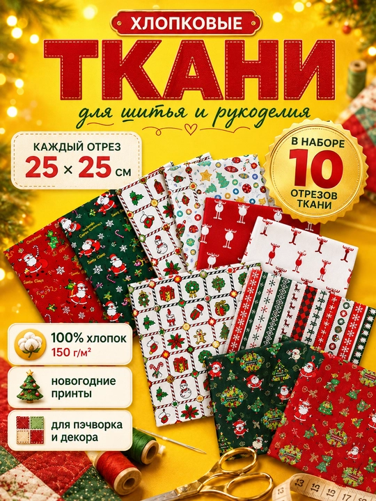 Набор тканей для шитья, рукоделия и пэчворка, новогодние принты