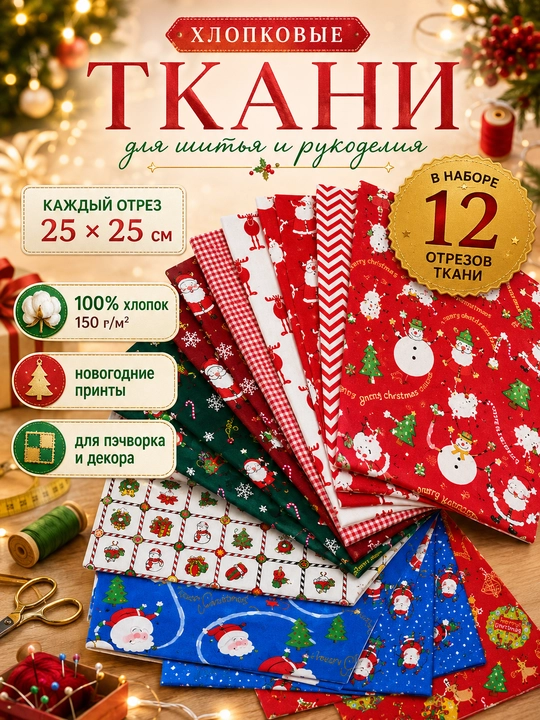 Набор тканей для шитья, рукоделия и пэчворка, новогодние принты