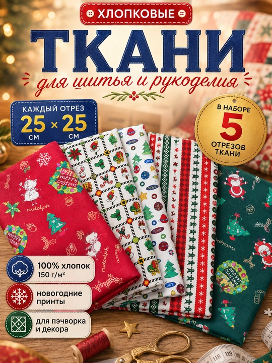 Paxtali matolar to‘plami tikuvchilik va pechvork uchun, yangi yil naqshlari - 