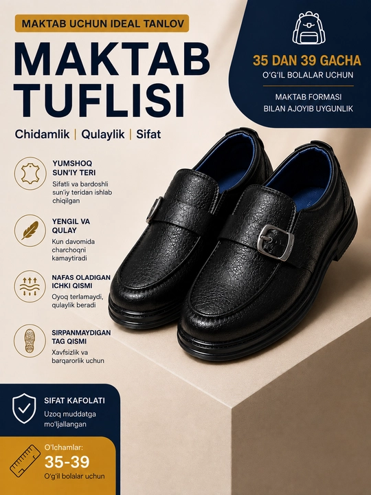 Bolalar uchun qora tufli – maktab uchun qulay va yengil - 