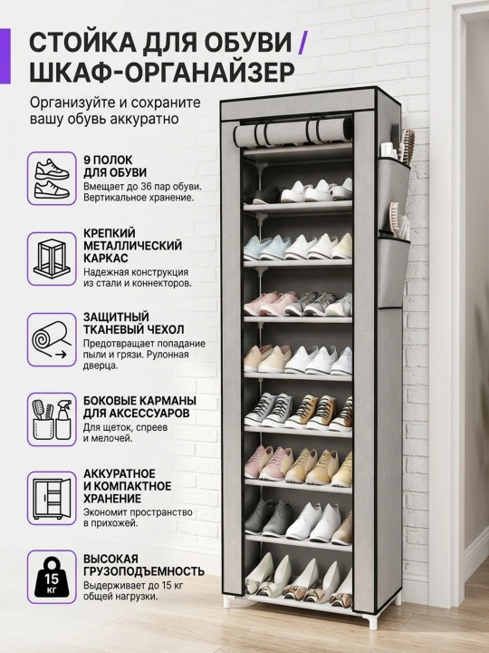 Тканевый шкаф для обуви (органайзер) с чехлом – 9 ярусов - 