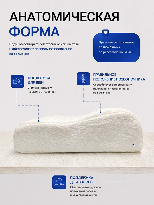 Ортопедическая подушка Memory Foam 50×30×10 см, белая, анатомическая форма, для сна