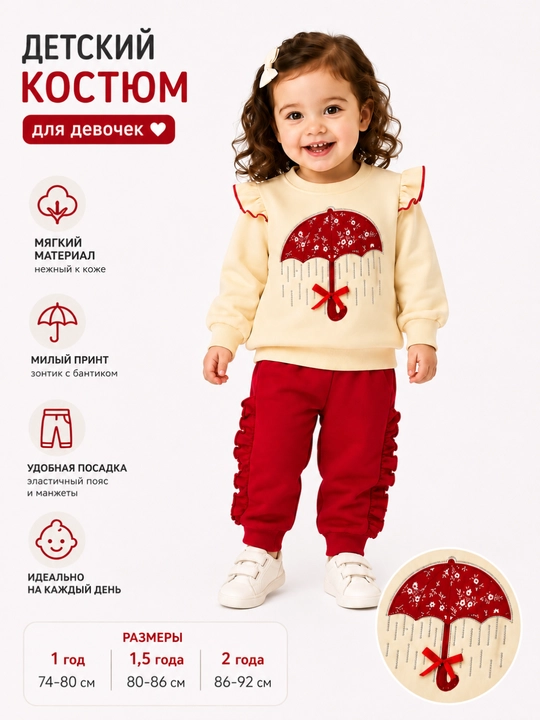 Осенний комплект для девочки 1–2 лет, детская двойка кофта и брюки для прогулки и для сада