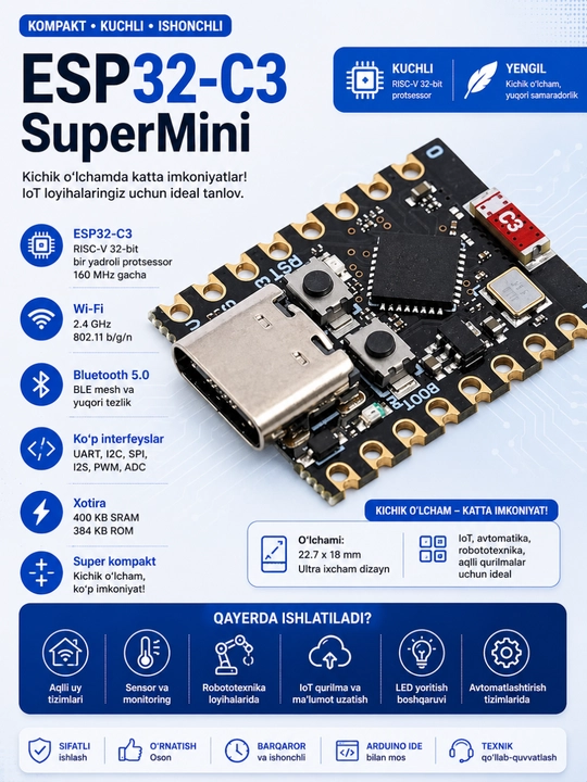 ESP32-C3 Wi-Fi+Bluetooth dasturchi platasi ESP32 SuperMini - 