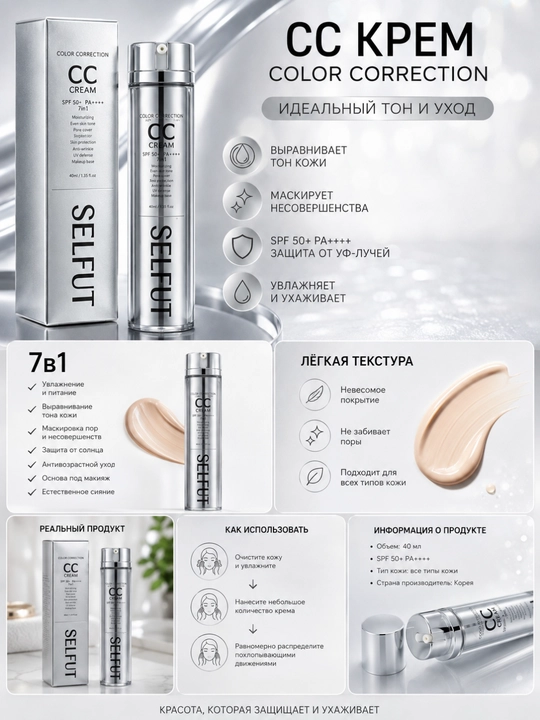 Yuz uchun CC krem SELFUT Color Correction 7-in-1 SPF 50+ PA++++, 40 ml - 