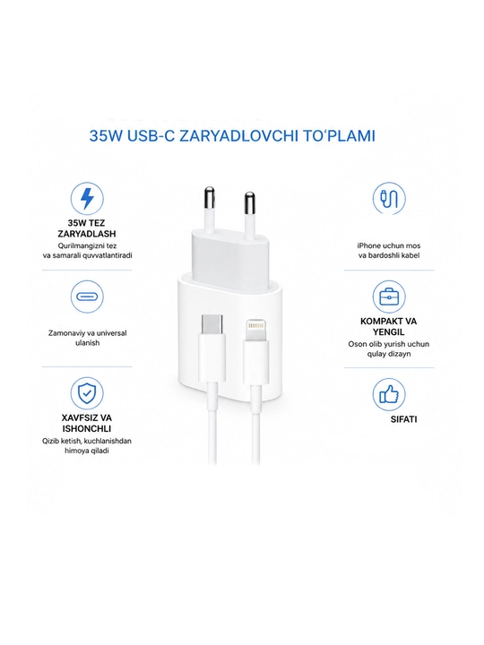 IPhone uchun zaryadlash qurilmasi, tez zaryadlovchi 35 Vt, Type-Cdan Lightning kabel bilan - 