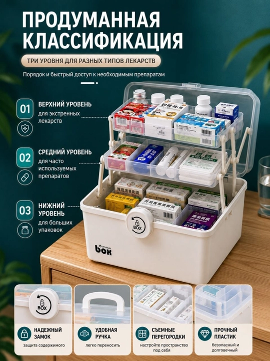 Dori-darmonlar uchun 3 qavatli katta aptechka-organayzer, qopqoqli va tutqichli