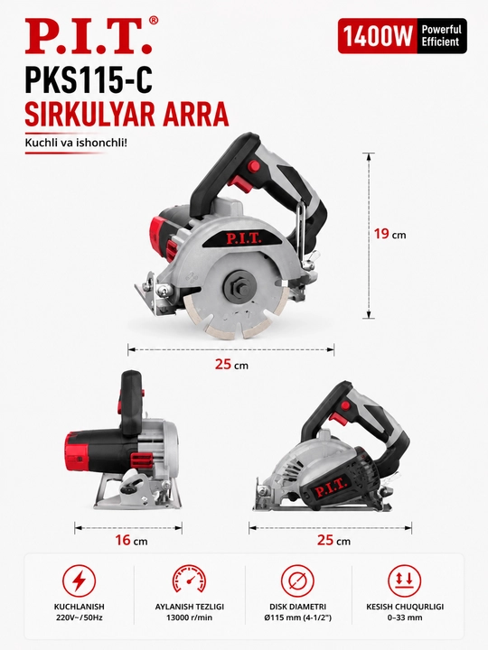 P.I.T. PKS115-C elektr sirkulyar arra 1400 W