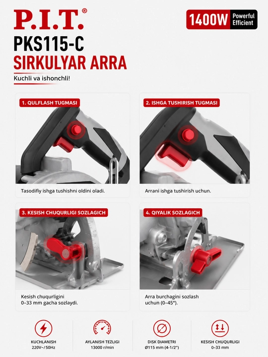 P.I.T. PKS115-C elektr sirkulyar arra 1400 W