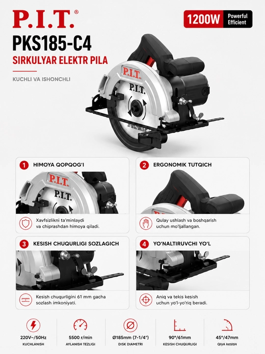 P.I.T. PKS185-C4 elektr sirkulyar arra 1200 W, 185 mm diskli