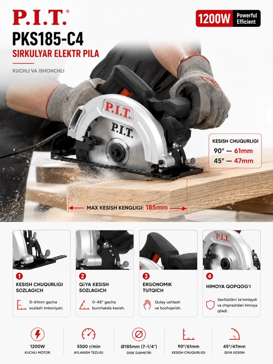 P.I.T. PKS185-C4 elektr sirkulyar arra 1200 W, 185 mm diskli