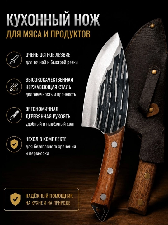 Oshxona chopqisi, yog‘och dastali, charm g‘ilofli - 