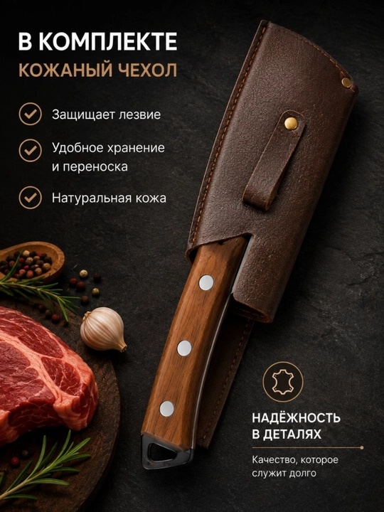 Кухонный топорик, с деревянной ручкой и кожаным чехлом