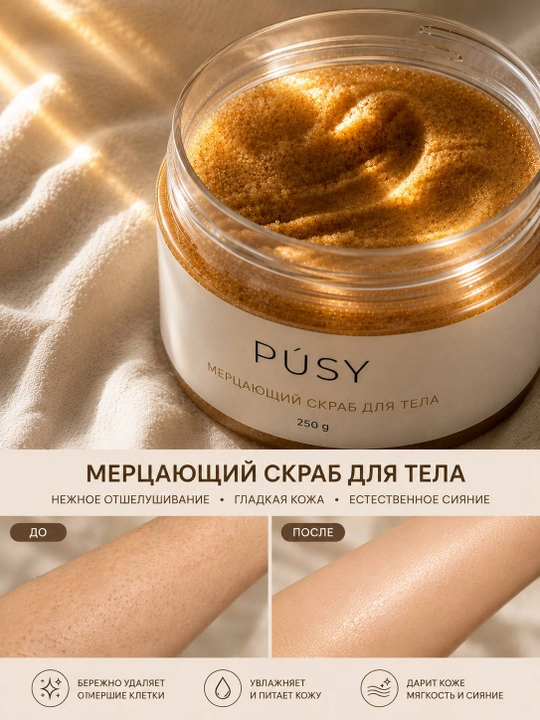 PÚSY Body Shimmering Scrub — мерцающий сахарный скраб для тела, 250 г
