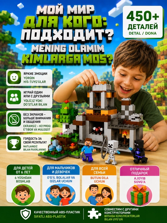 Детский конструктор MY WORLD 450+ деталей с фигурками, аналог Minecraft, 6+