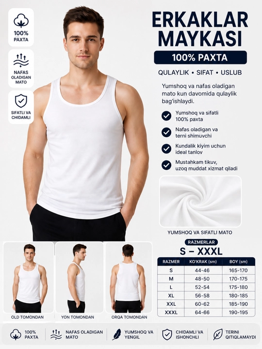 Erkaklar uchun mayka – 100% paxta, yumshoq va nafas oladigan - 