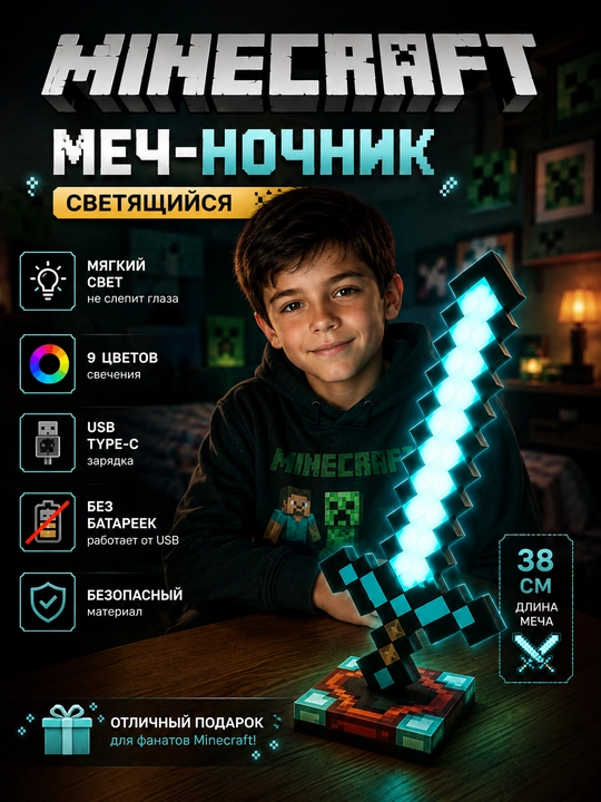 Minecraft LED tungi chiroq-fakel, dekorativ yoritgich maynkraft mario - 
