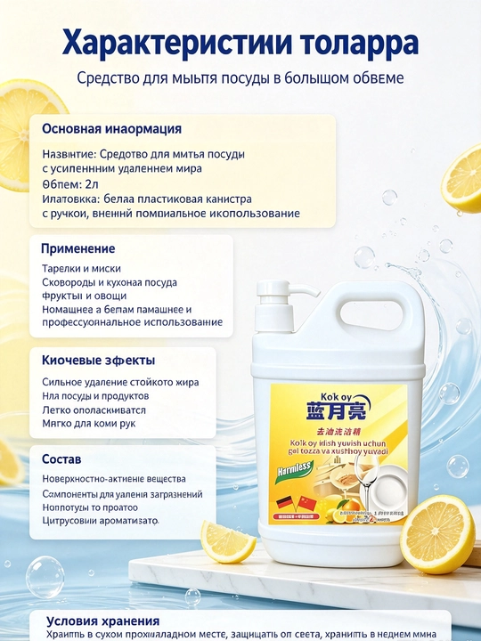 Моющее для посуды, 2 л, нажимное удаляет тяжёлый жир посуда-овощи