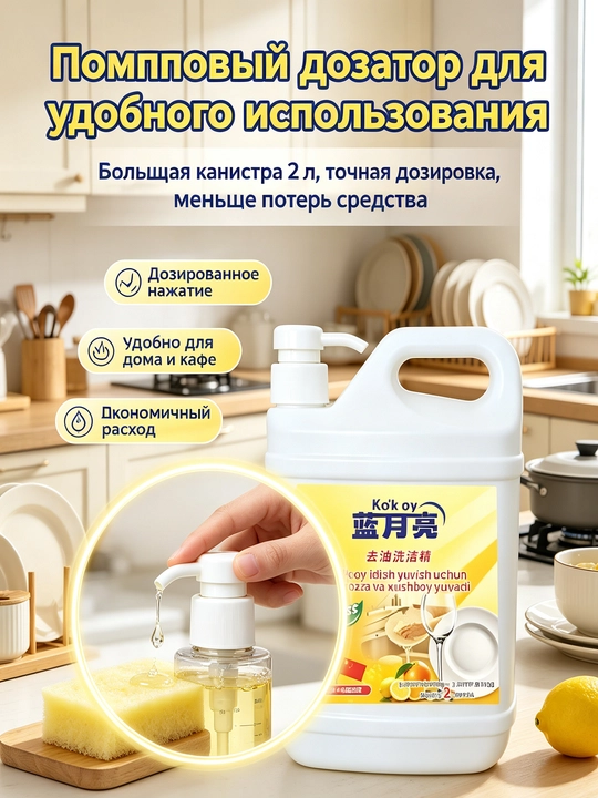 Моющее для посуды, 2 л, нажимное удаляет тяжёлый жир посуда-овощи
