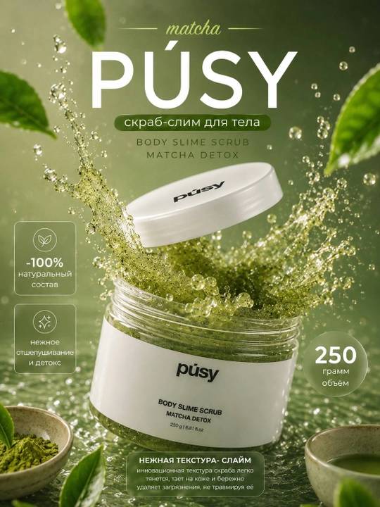PÚSY Body Slime Scrub Matcha Detox — скраб-слайм для тела с матчей, 250 г - 