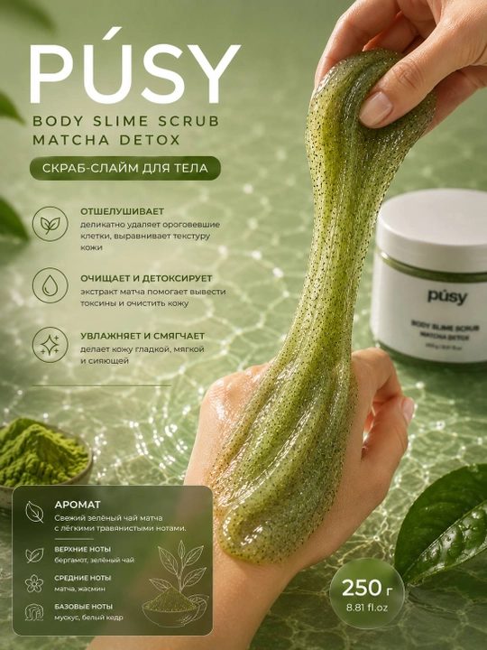 PÚSY Body Slime Scrub Matcha Detox — скраб-слайм для тела с матчей, 250 г